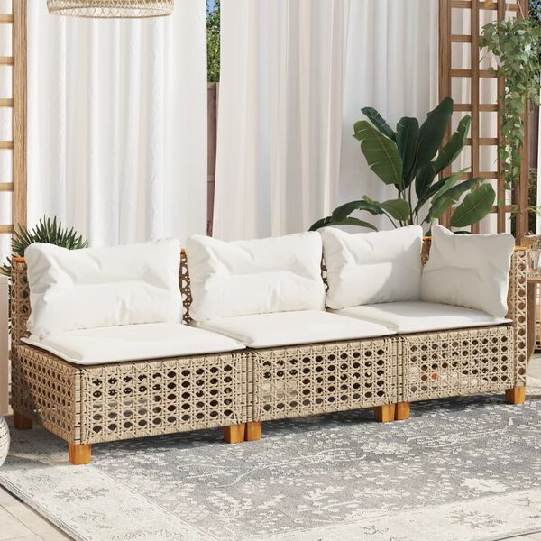vidaXL Garden Sofa with Cushions 3-Seater Beige Poly Rattan
