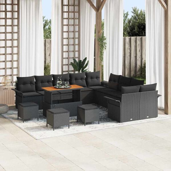 vidaXL Garden Sofa Set with Cushion 14 pcs Black Poly Rattan