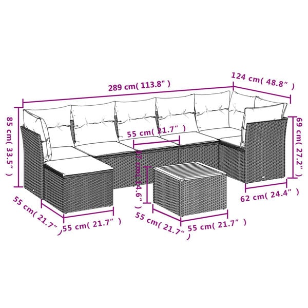 vidaXL 8 Piece Garden Sofa Set with Cushions Grey Poly Rattan