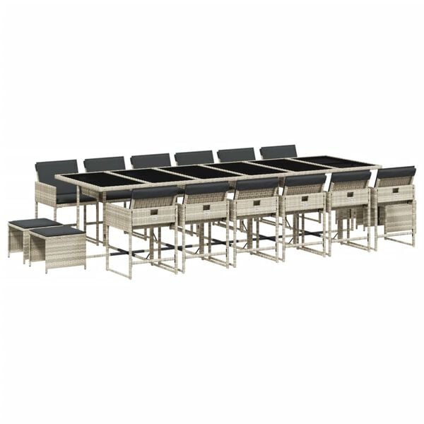 vidaXL 17 Piece Garden Dining Set with Cushions Light Grey Poly Rattan