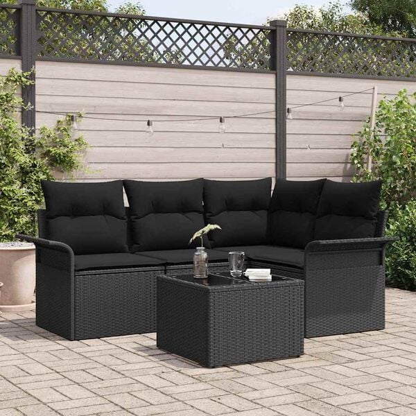 vidaXL Garden Sofa Set with Cushion 5 pcs Black Poly Rattan