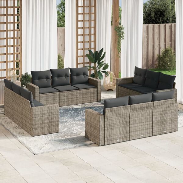 vidaXL 12 Piece Garden Sofa Set with Cushions Grey Poly Rattan