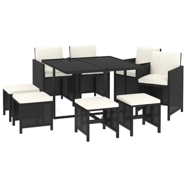 vidaXL 9 Piece Garden Dining Set with Cushions Poly Rattan Black