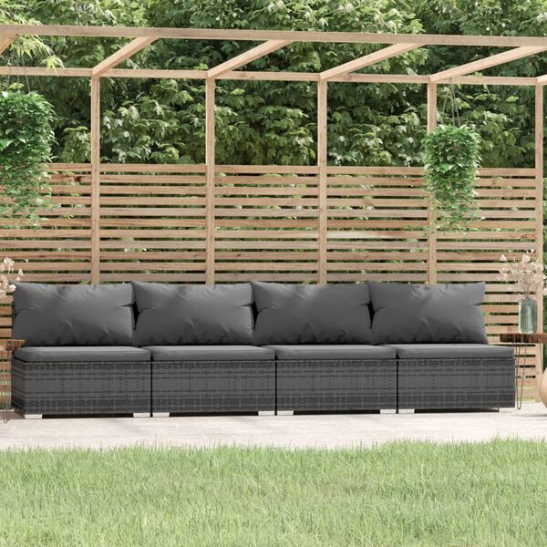 vidaXL 4-Seater Sofa with Cushions Grey Poly Rattan