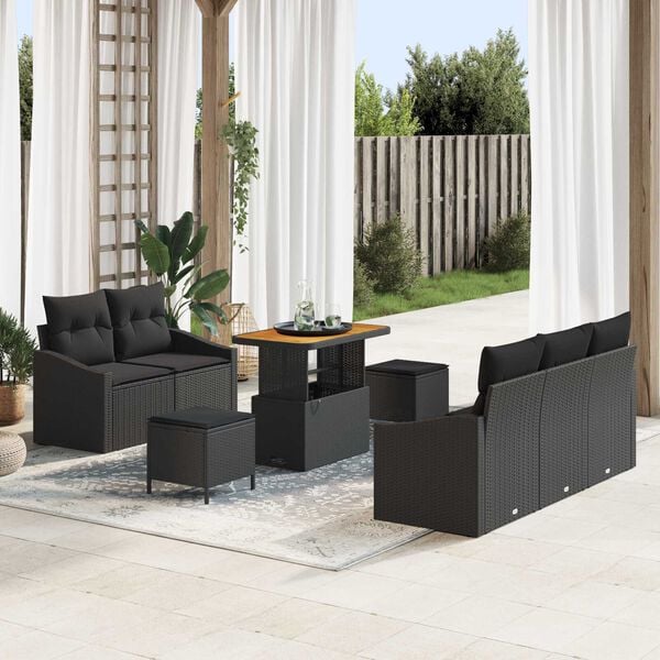 vidaXL Garden Sofa Set with Cushion 8 pcs Black Poly Rattan
