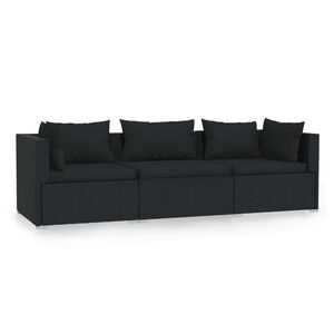 vidaXL 3-Seater Sofa with Cushions Black Poly Rattan