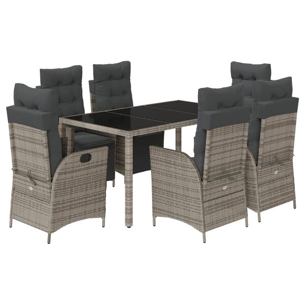 vidaXL 7 Piece Garden Dining Set with Cushions Grey Poly Rattan