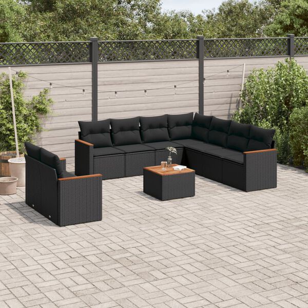 vidaXL 10 Piece Garden Sofa Set with Cushions Black Poly Rattan