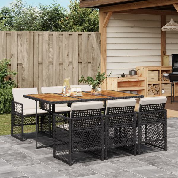 vidaXL 7 Piece Garden Dining Set with Cushions Black Poly Rattan