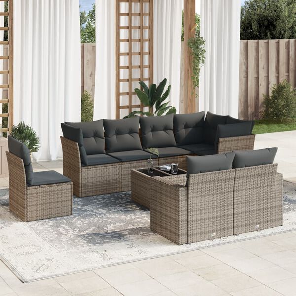 vidaXL 9 Piece Garden Sofa Set with Cushions Grey Poly Rattan