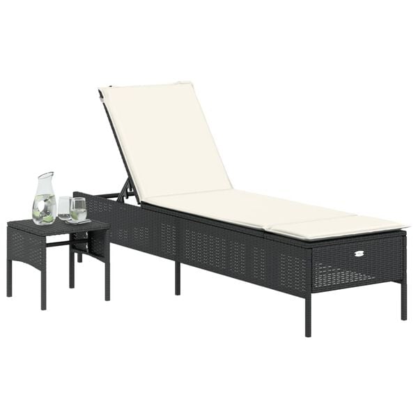 vidaXL Sun Lounger with Table and Cushion Black Poly Rattan
