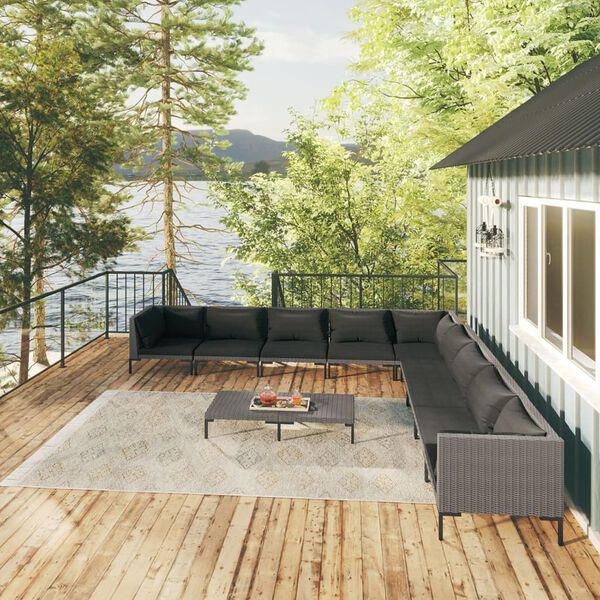 vidaXL 10 Piece Garden Lounge Set with Cushions Poly Rattan Dark Grey