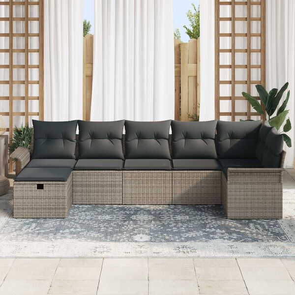 vidaXL Garden Sofa Set with Cushion Manual 7 pcs Grey Poly Rattan