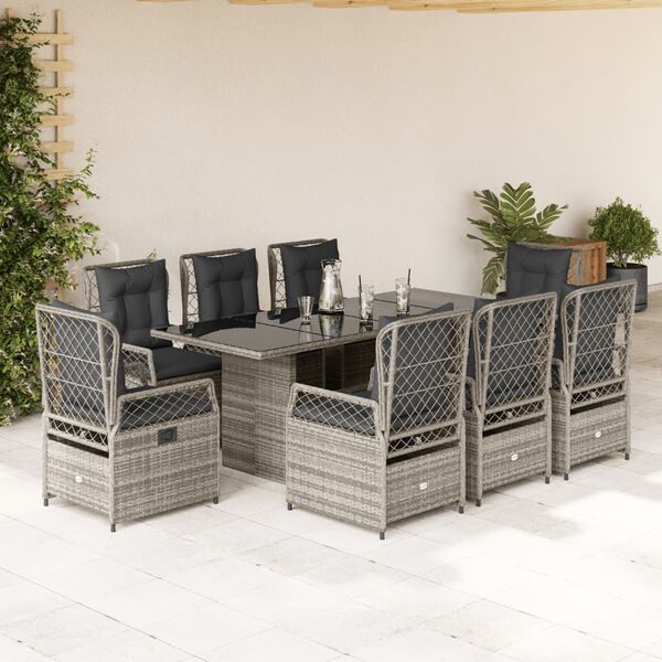 vidaXL 9 Piece Garden Dining Set with Cushions Grey Poly Rattan