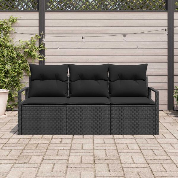 vidaXL Garden Sofa Set with Cushion 3 pcs Black Poly Rattan