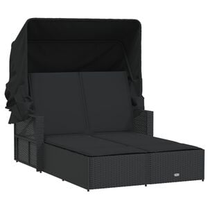 vidaXL Double Sun Lounger with Canopy and Cushions Black Poly Rattan