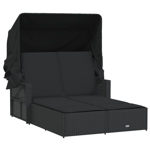 vidaXL Double Sun Lounger with Canopy and Cushions Black Poly Rattan