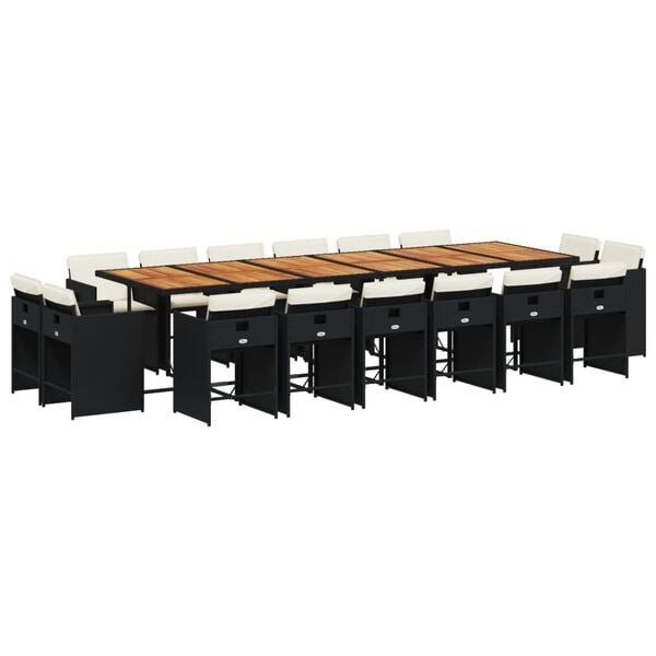 vidaXL 17 Piece Garden Dining Set with Cushions Black Poly Rattan