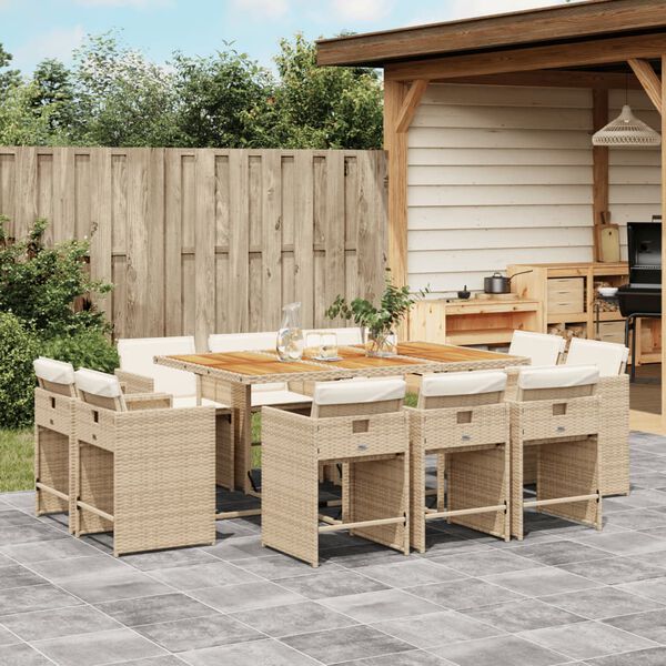 vidaXL 11 Piece Garden Dining Set with Cushions Beige Poly Rattan