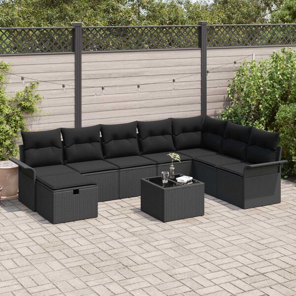 vidaXL Garden Sofa Set with Cushion Manual 9 pcs Black Poly Rattan