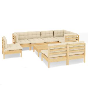 vidaXL 9 Piece Garden Lounge Set with Cream Cushions Solid Pinewood