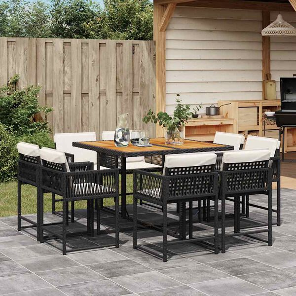 vidaXL 9 Piece Garden Dining Set with Cushions Black Poly Rattan