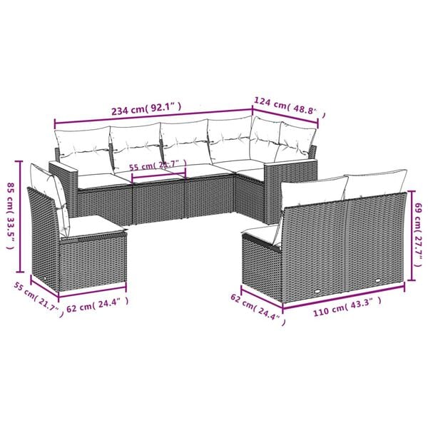 vidaXL 8 Piece Garden Sofa Set with Cushions Grey Poly Rattan