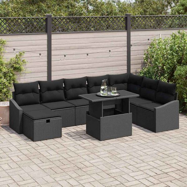 vidaXL Garden Sofa Set Height-Adjustable 9 pcs Black Poly Rattan