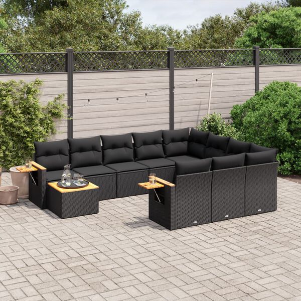 vidaXL 11 Piece Garden Sofa Set with Cushions Black Poly Rattan