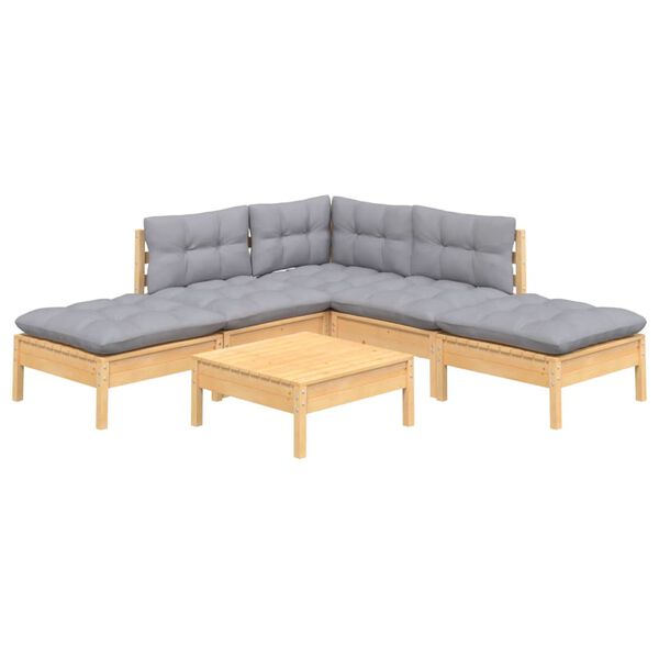 vidaXL 6 Piece Garden Lounge Set with Grey Cushions Pinewood