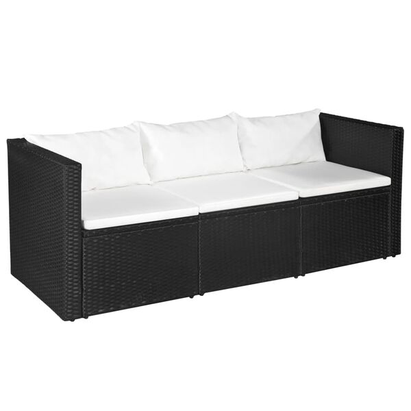 vidaXL 3 Seater Garden Sofa Black Poly Rattan with White Cushions