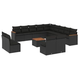 vidaXL 14 Piece Garden Sofa Set with Cushions Black Poly Rattan