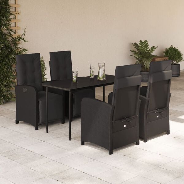 vidaXL 5 Piece Garden Dining Set with Cushions Black Poly Rattan