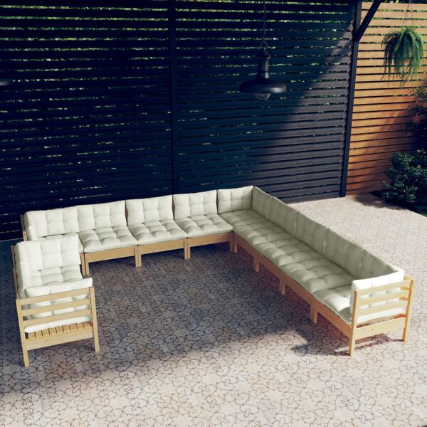 vidaXL 11 Piece Garden Lounge Set with Cream Cushions Solid Pinewood