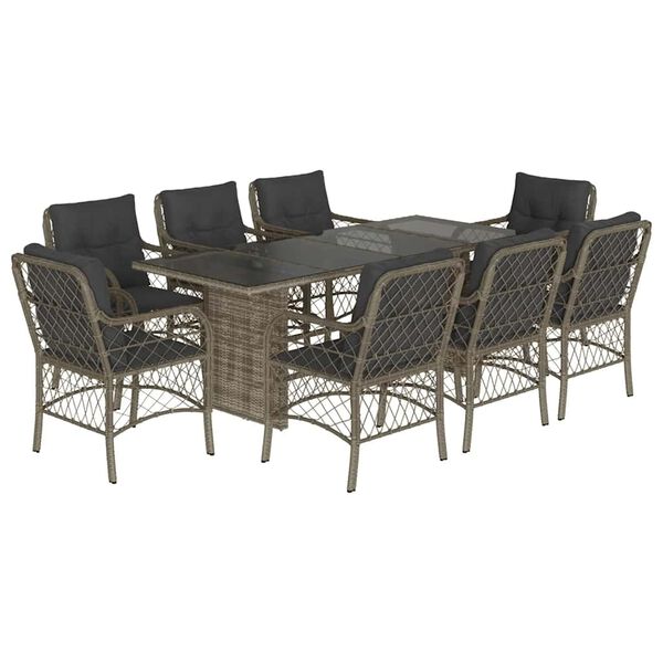 vidaXL 9 Piece Garden Dining Set with Cushions Grey Poly Rattan