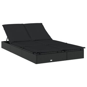 vidaXL 2-Person Sunbed with Cushions Black Poly Rattan