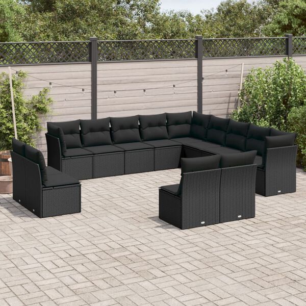 vidaXL 13 Piece Garden Sofa Set with Cushions Black Poly Rattan
