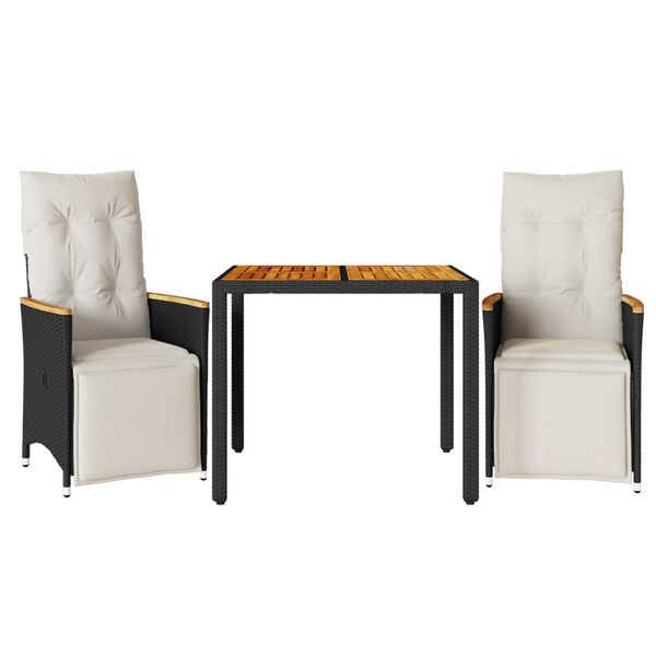 vidaXL 3 Piece Garden Bistro Set with Cushions Black Poly Rattan