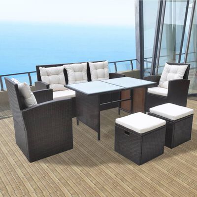 vidaXL 6 Piece Outdoor Dining Set with Cushions Poly Rattan Brown