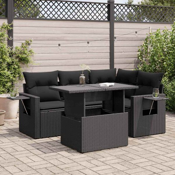 vidaXL 5 Piece Garden Sofa Set with Cushions Black Poly Rattan