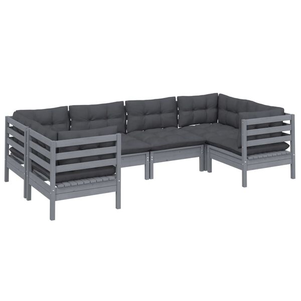 vidaXL 6 Piece Garden Lounge Set with Cushions Grey Pinewood