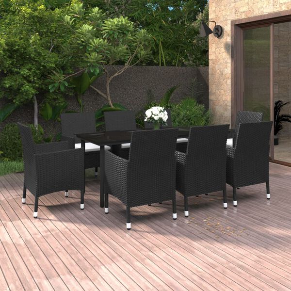 vidaXL 9 Piece Garden Dining Set with Cushions Poly Rattan and Glass