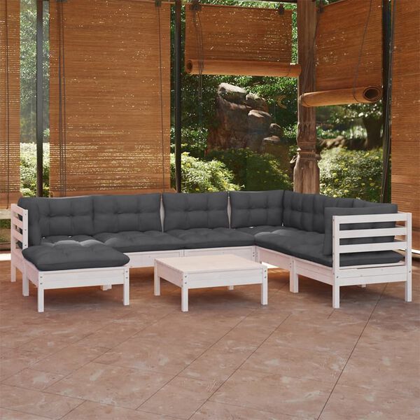 vidaXL 8 Piece Garden Lounge Set with Cushions White Solid Pinewood