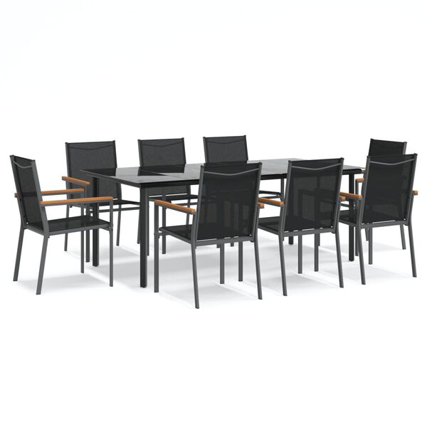 vidaXL 9 Piece Garden Dining Set Black Textilene and Steel