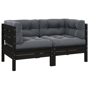 vidaXL 2-Seater Garden Sofa with Cushions Black Solid Wood Pine