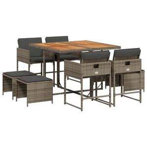 vidaXL 9 Piece Garden Dining Set with Cushions Grey Poly Rattan