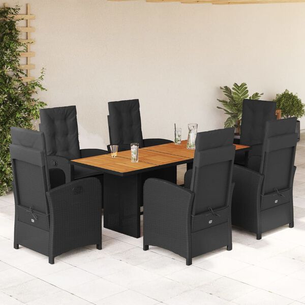 vidaXL 7 Piece Garden Dining Set with Cushions Black Poly Rattan
