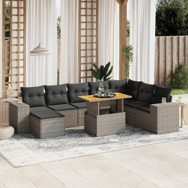 vidaXL 9 Piece Garden Sofa Set with Cushions Grey Poly Rattan