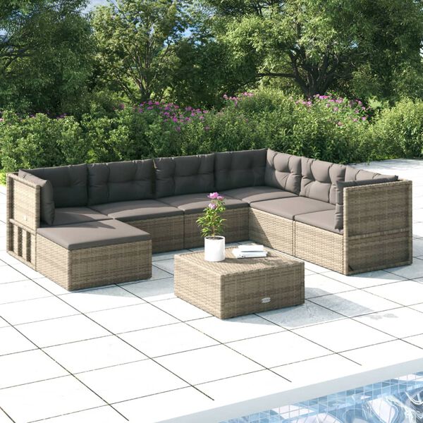 vidaXL 7 Piece Garden Lounge Set with Cushions Grey Poly Rattan