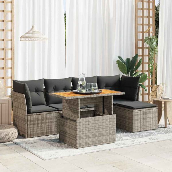 vidaXL 6 Piece Garden Sofa Set with Cushions Grey Poly Rattan